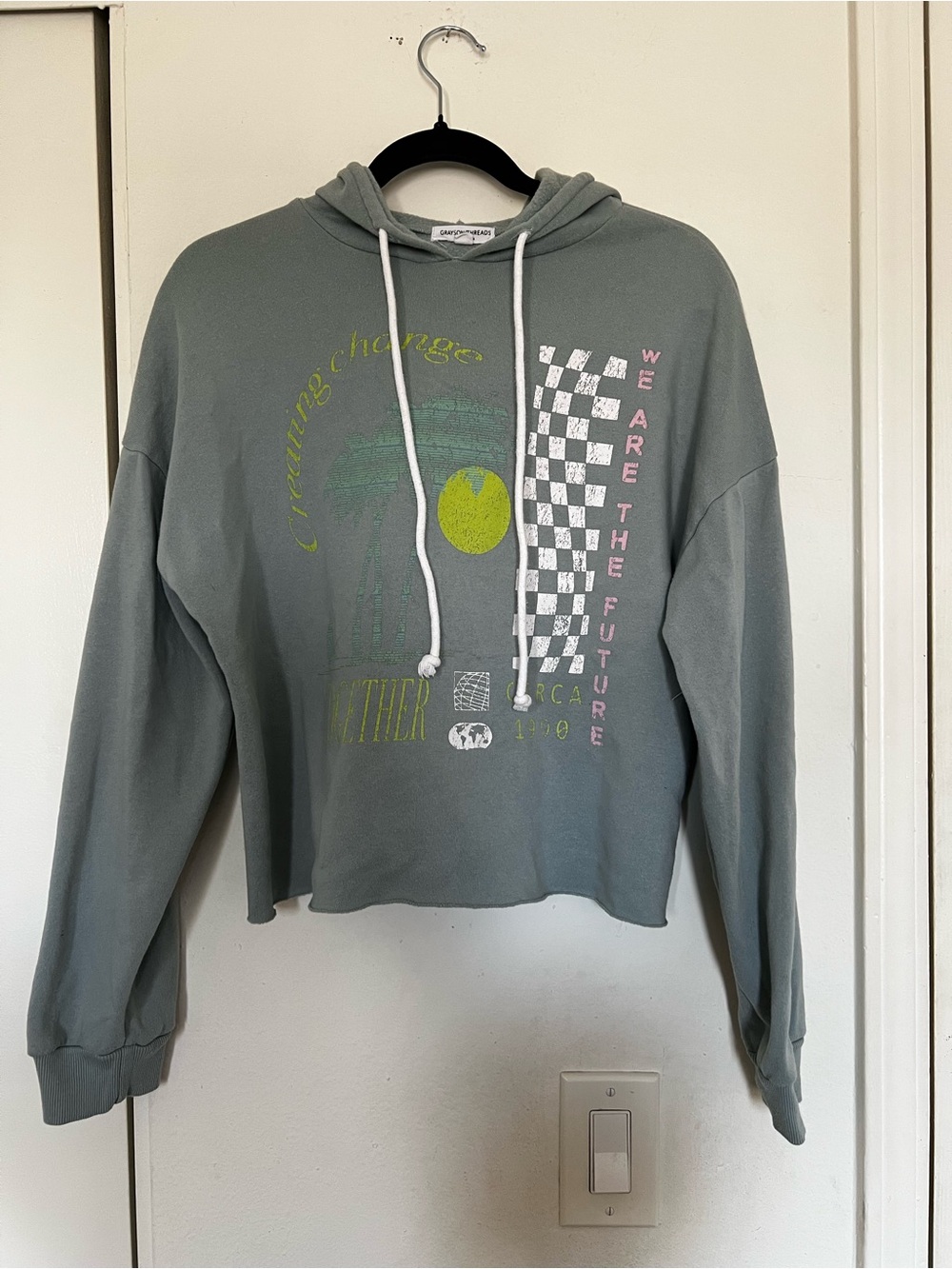 Grayson Threads Sage Green Graphic Scoop Neck Sweatshirt with Neon Accents